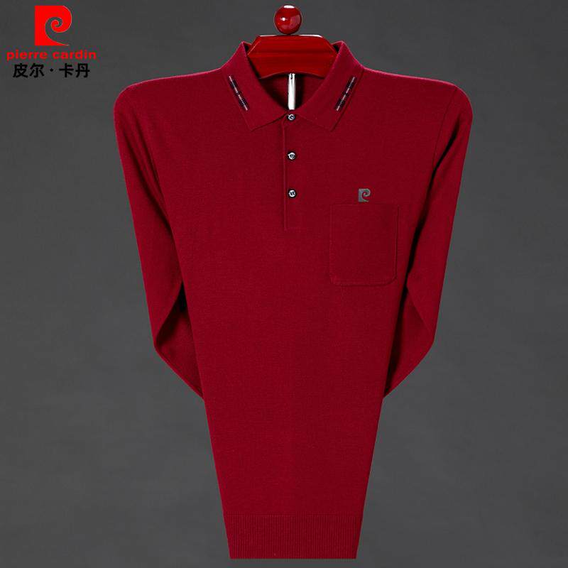 皮尔卡丹真口袋长袖t恤男士秋季薄羊绒衫男大码爸爸装翻领polo衫