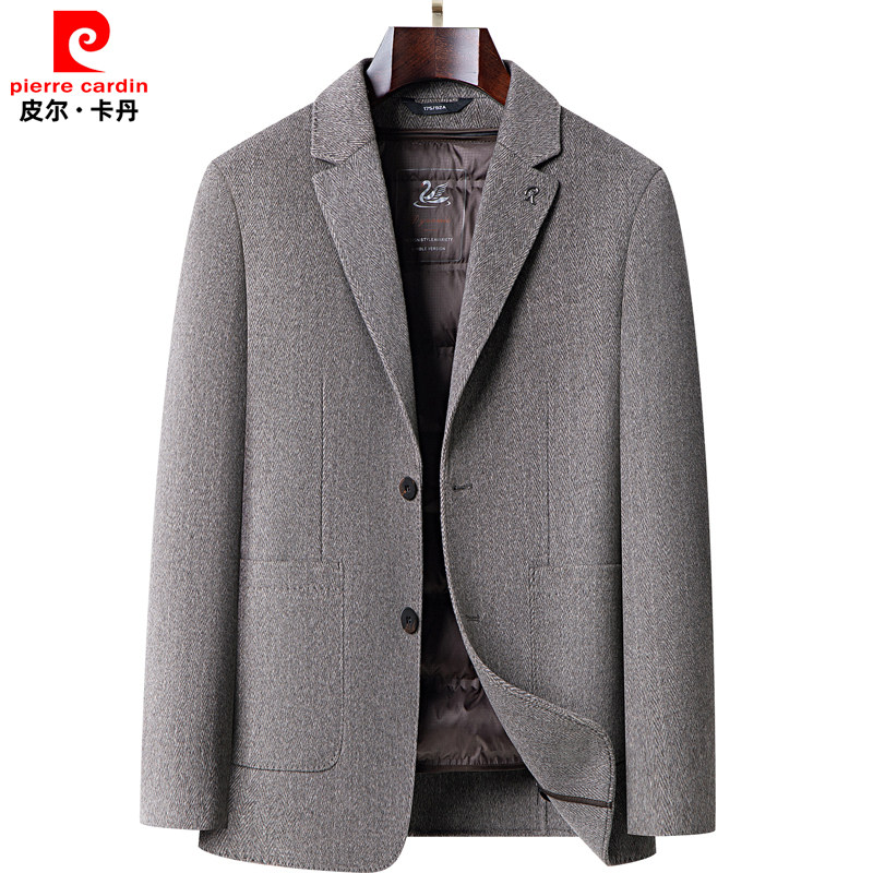 皮尔卡丹羊毛西装男士高端毛呢外套加厚羽绒内胆双面呢短款大衣男