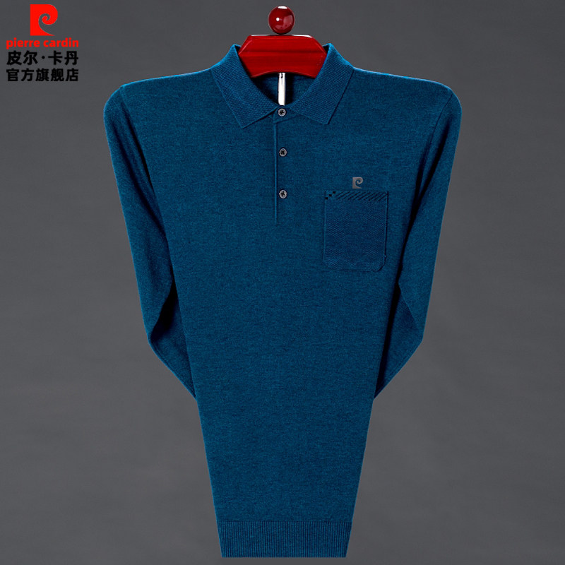 皮尔卡丹春秋长袖t恤男翻领薄款真口袋大码针织衫中年男士打底衫