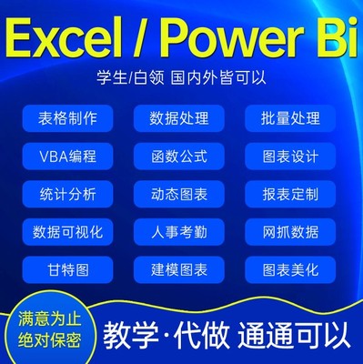 Excel Power BI表格可视化代做看板定制函数数据处理分析图表VBA