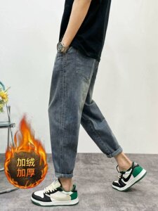 加绒裤子男秋冬款复古牛仔裤男士潮牌痞帅休闲裤潮流百搭九分裤子