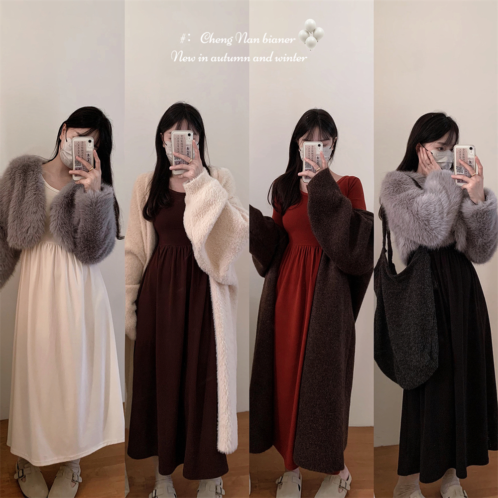 复古风A字裙磨毛弹力棉大圆领