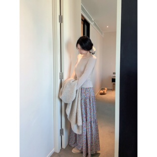 【现货】10.20艺术感水彩碎花裙秋季大摆长裙高腰显瘦百搭荷叶边