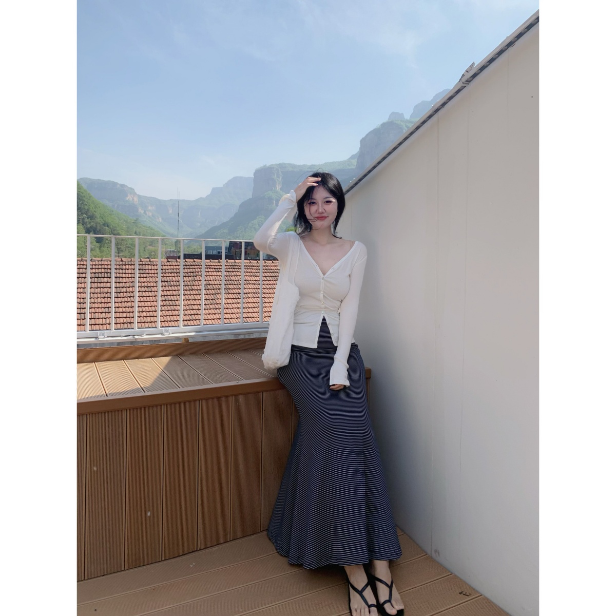 条纹半身裙弹力休闲长裙夏季