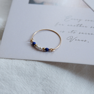 UNELGE手作新品原创设计青金石珍珠戒指包金气质日常精致感女