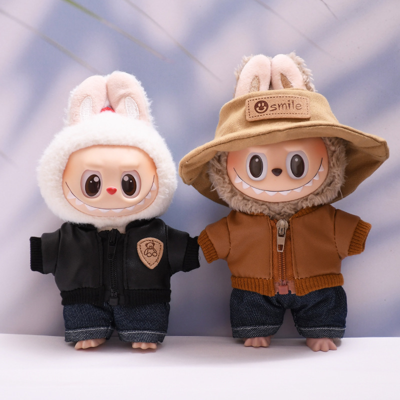 一二三代挂件拉布布衣服前方高能皮色夹克外套帽子LABUBU娃衣着替