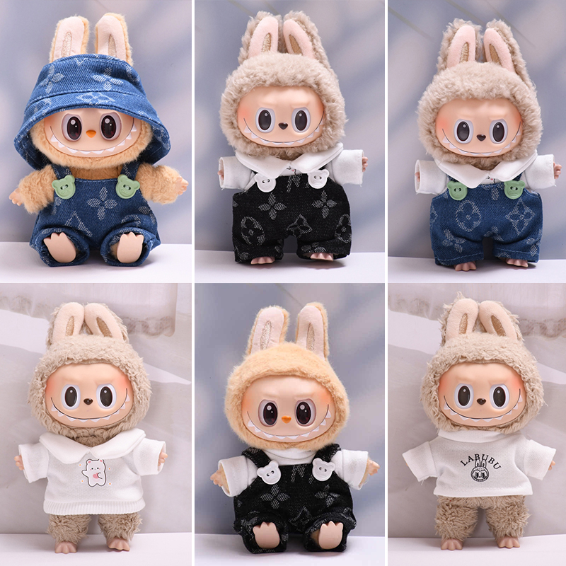 labubu娃衣一二三代通用17cm拉布布衣服着替牛仔裤搪胶娃娃公仔