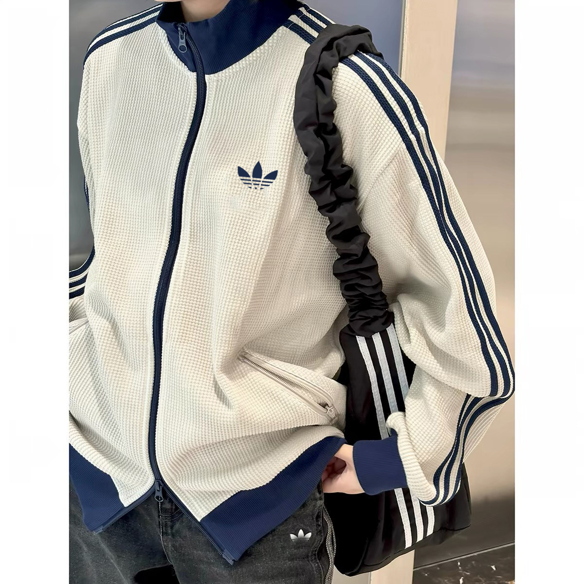 品牌折扣丨王鹤棣同款华夫格外套女早秋宽松休闲运动长袖上衣男薄