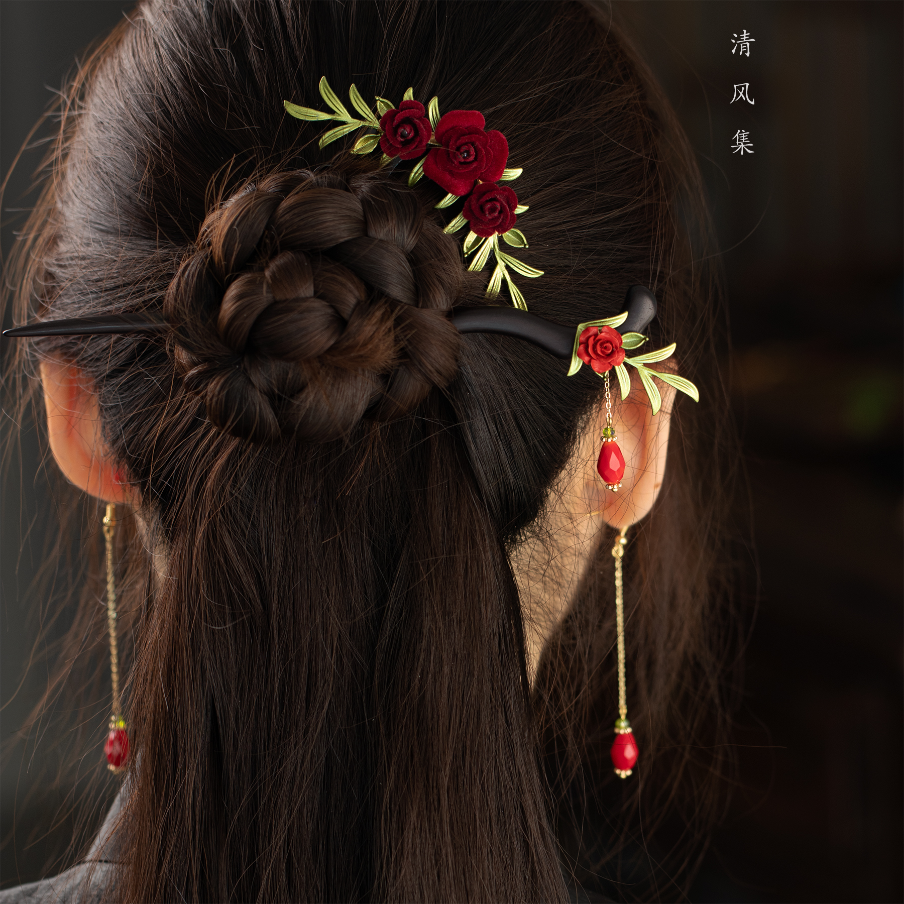 新中式古风发簪玫瑰檀木盘发簪子汉服旗袍国风发饰木簪原创设计