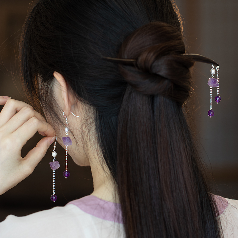 新中式紫色耳饰耳夹古风耳环