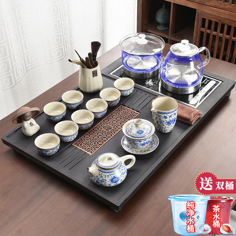 整套全自动茶具套装家用简约一体石头茶盘底部上水仿乌金石茶台道