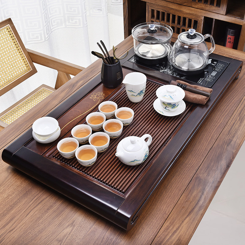 黑檀花梨实木茶盘整套茶具套装蓝光底上水家用简约高档一体泡茶台