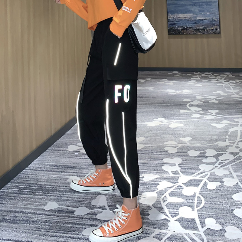 Real photo overalls women's high waist black pants luminous casual pants straight sports Leggings