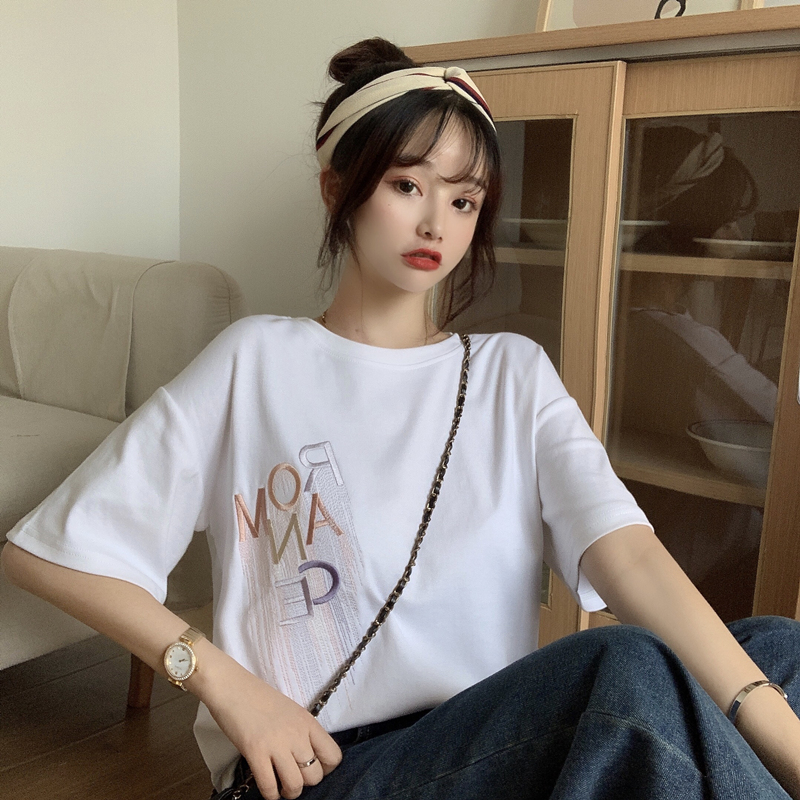 實拍實價不減 刺繡字母彩色短袖T恤女百搭上衣港風氣質