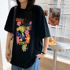 實拍 2021夏短袖t恤女中長款半袖卡通上衣印花