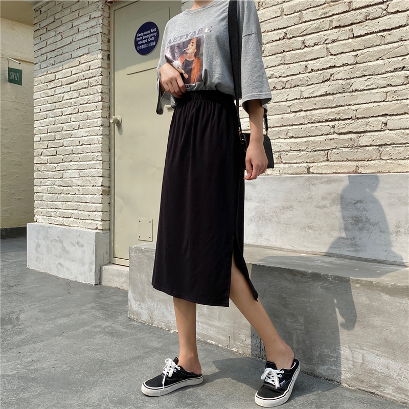 Real shot summer skirt women's high waist straight tube small black skirt split one step skirt