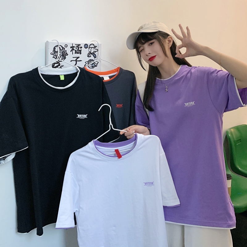 Real photo of 2021 Summer Short Sleeve T-Shirt women's mid long fake two piece set