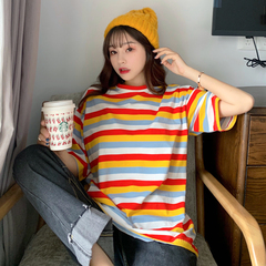 實拍 2021夏短袖t恤女條紋上衣中長款