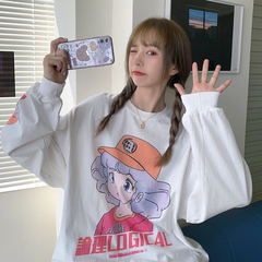 Real shot thin round neck sweater women's loose cartoon print medium length