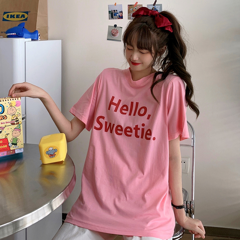 Real shot 2021 spring and summer harbor style simple letter print short sleeve T-shirt girl