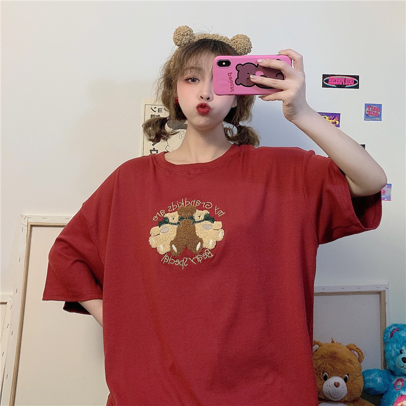 實拍夏小熊刺繡短袖恤女