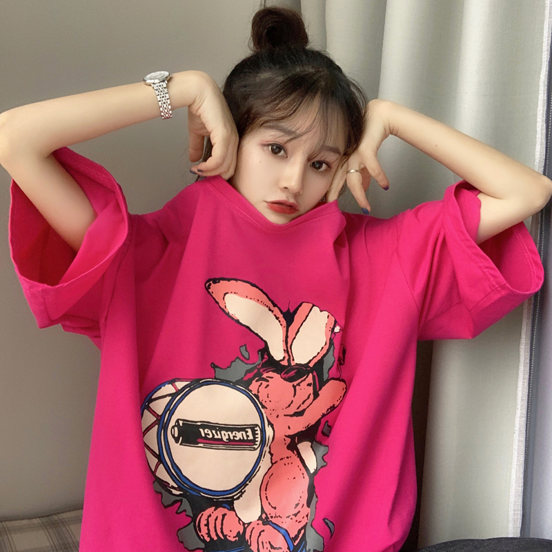 Real photo of 2021 Summer Short Sleeve T-Shirt women's split length printed cartoon