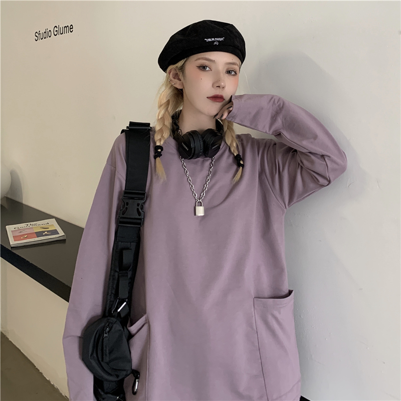 Real shot 2021 spring and autumn yuansufeng hip hop couple pocket long sleeve T-shirt girl