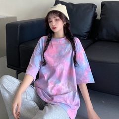 實拍 2021夏裝新品扎染短袖t恤女中長款