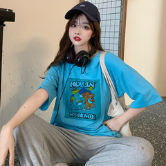 實拍夏裝寬鬆大碼短袖恤女印花