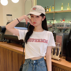 實拍2021夏新款短袖T恤女夏露臍裝短款bm上衣刺繡