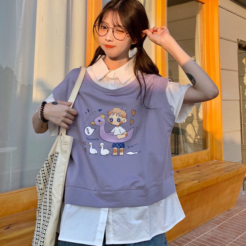 實拍夏日系假兩件半袖女短袖少女款上衣寬鬆恤