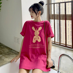 實拍 2021夏短袖t恤女中長款字母半袖卡通上衣