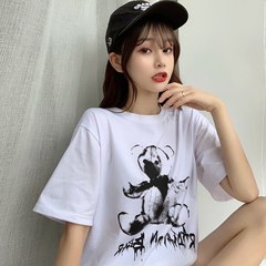實拍 2021夏短袖t恤女中長款字母半袖卡通上衣印花