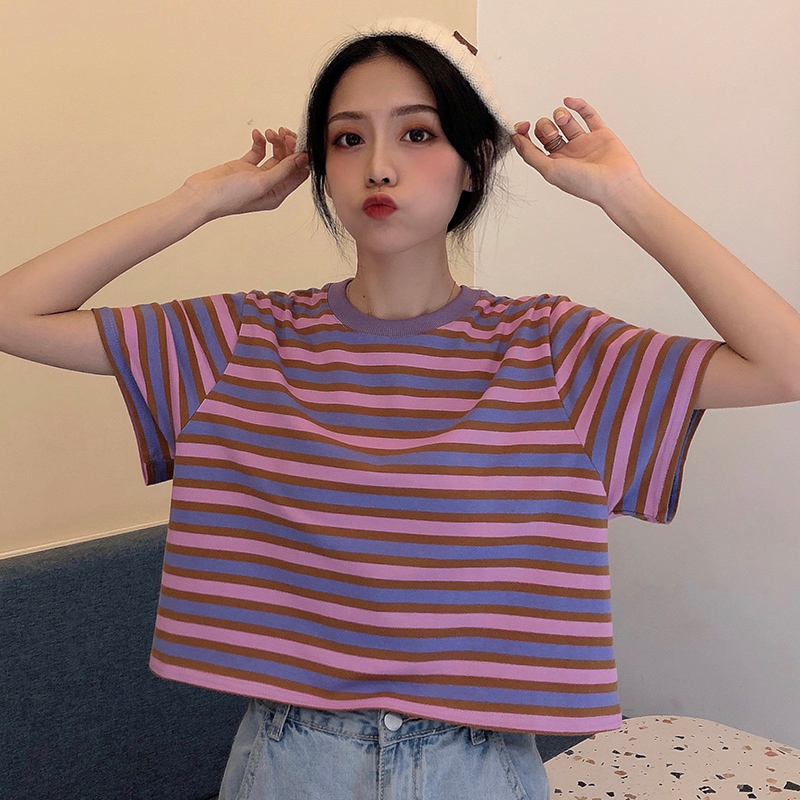 Real photo of 2021 summer new striped short top women's T-shirt