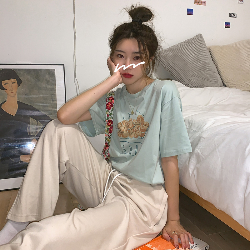 Real photo 2021 summer new Korean loose print short sleeve female student T-shirt