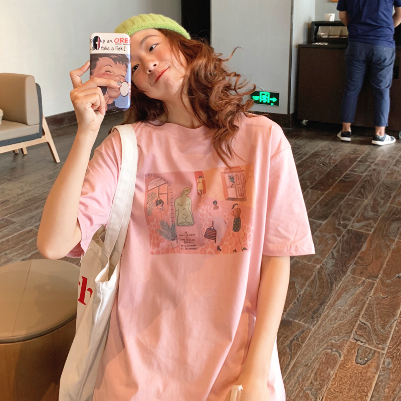 Real shot 2021 Summer Short Sleeve T-Shirt women's print medium length