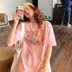 Real shot 2021 Summer Short Sleeve T-Shirt women's print medium length