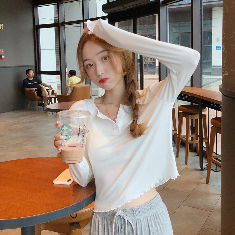 Real shot pure cotton 2021 spring and autumn base shirt auricular edge solid color long sleeve T-shirt women's elastic short