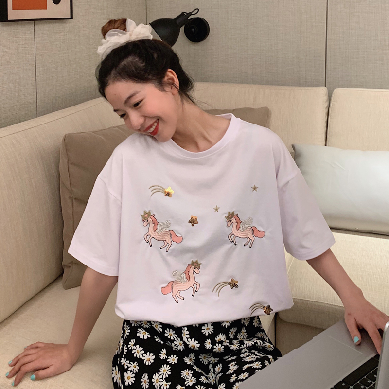 Real photo of 2021 summer heavy industry short sleeve T-shirt women's middle long half sleeve cartoon top embroidery