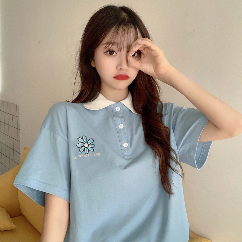 Real photo 2021 summer Polo neck short sleeve T-shirt women's Lapel medium length embroidery Daisy