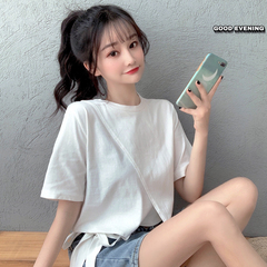 實拍 2021夏蝴蝶結上衣小心機短款不規則t恤女短袖