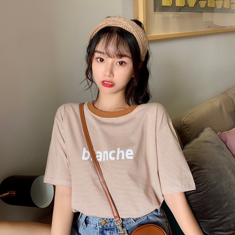 Real photo 2021 striped short sleeve T-shirt for Korean women