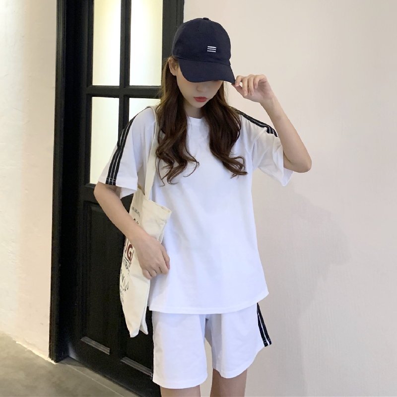 Real shot summer sports suit women's fashion loose short sleeve shorts running leisure two piece set