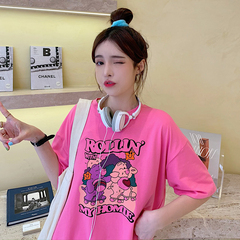 實拍 2021夏短袖t恤女中長款半袖卡通上衣字母