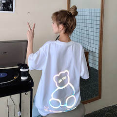 Real shot 2021 summer tide brand reflective bear short sleeve T-shirt women's Korean loose top