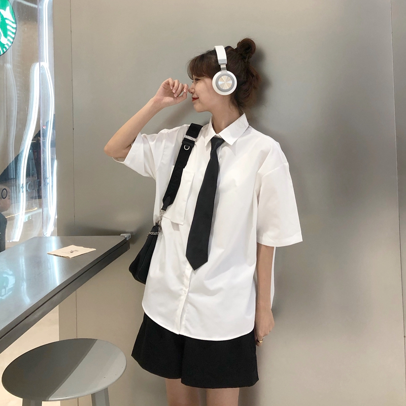 Real photo 2021 summer new short sleeve white shirt women's loose top