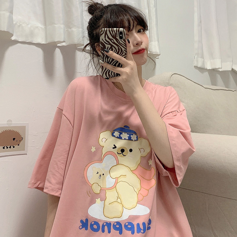 Real photo of 2021 summer bear short sleeve t-shirt female print cartoon