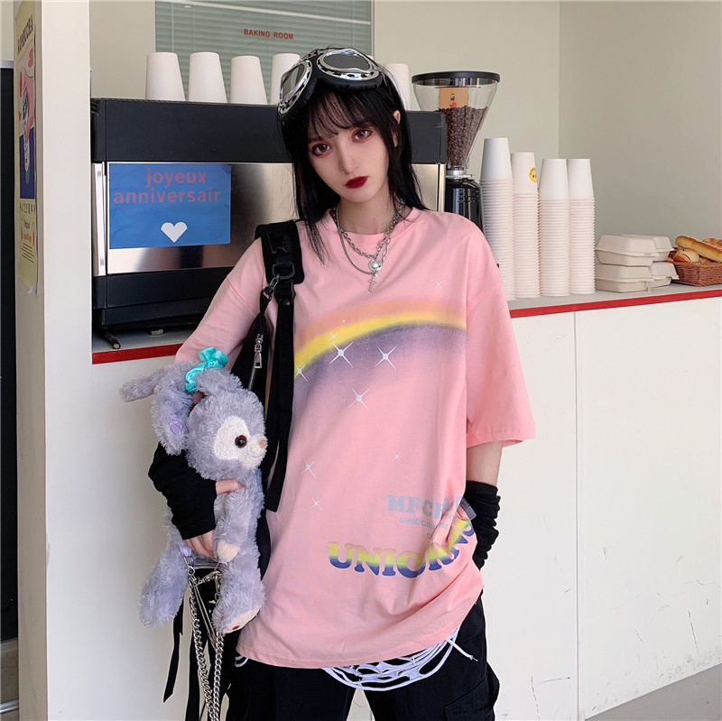 Real shot 2021 spring and summer Unicorn letter print loose short sleeve top