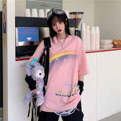 Real shot 2021 spring and summer Unicorn letter print loose short sleeve top
