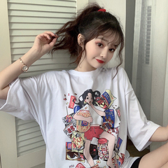實拍 2021夏短袖t恤女中長款字母卡通印花半袖上衣